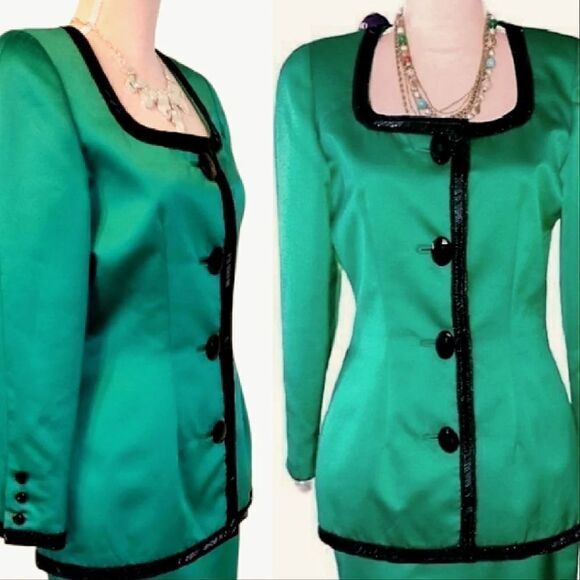 VTG 90s Della Roufogali Green Satin Black Embellished Designer Blazer Size 6 - Picture 2 of 11